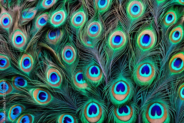 Fototapeta Texture of a peacock feather from the tail of an exotic bird. The background is a close-up of a multicolored iridescent eye of a feather animal.