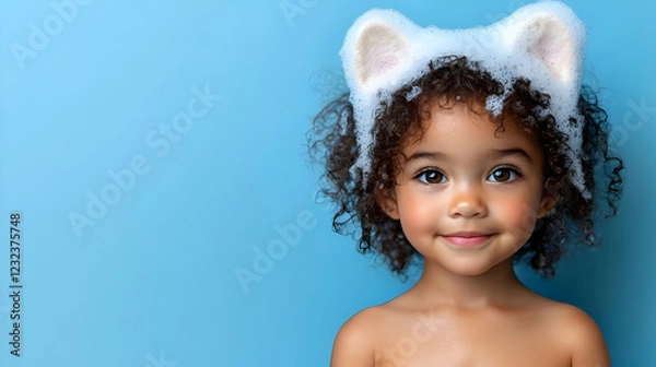 Fototapeta Smiling Child with Foam Animal Ears Enjoys Bath Time on Blue Background.