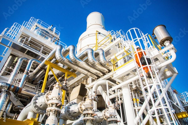 Obraz Spaliny z silnika turbinowego na platformie naftowo-gazowej na morzu Wylot z wieży chłodniczej z instalacji naftowo-gazowej, Chłodzenie gorącego gazu w procesie produkcyjnym i SKID turbiny przez system chłodni kominowej