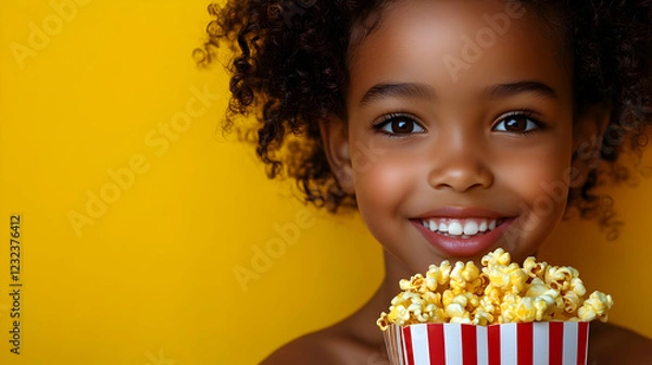 Fototapeta Smiling Child Holds Popcorn Bucket, Happy and Cheerful Against a Vibrant Yellow Background