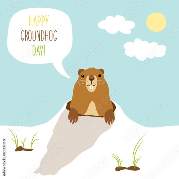 Fototapeta Cute Groundhog Day card as funny cartoon character of marmot with speech bubble and hand written text