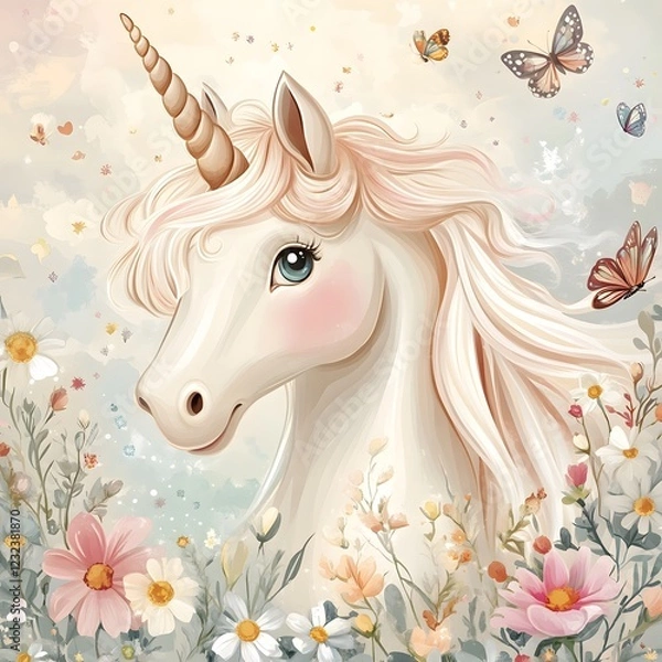 Obraz White horse with flowers in a cute and artistic style