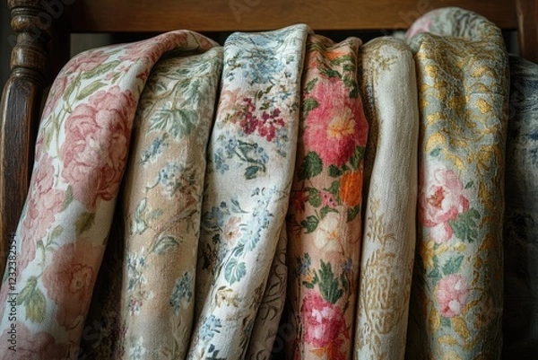 Fototapeta A collection of vintage fabrics with delicate floral patterns, draped elegantly over a wooden chair