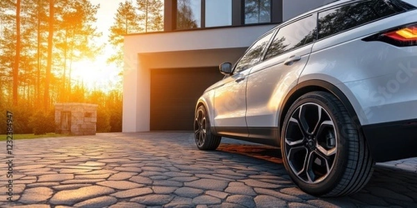 Obraz Luxury SUV in Modern Home Garage at Sunset