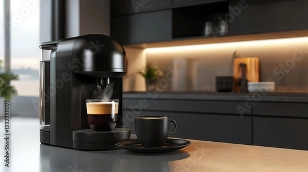 Fototapeta A coffee maker sitting on a modern kitchen table with a saucer and a cup of hot coffee ready to be enjoyed
