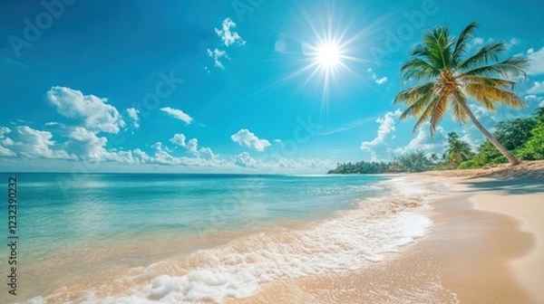 Fototapeta Idyllic tropical beach scene with palm trees, turquoise water, and bright sunshine.