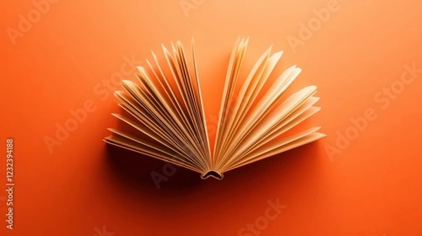 Fototapeta A flat lay of an open notebook with its pages facing upward, surrounded by a rich orange backdrop