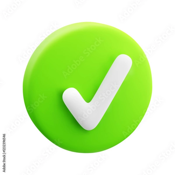 Obraz 3d cartoon bright green circular button with white checkmark on white background. Design element for confirmation, success, approval and completion. Agreement concept. Vector illustration 3d render.