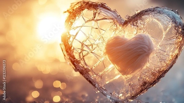 Fototapeta Frozen heart with knitted heart, sun rays, warm light.