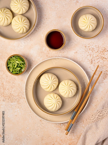 Fototapeta Food photography of steamed duck bao buns, spring onion,  soy sauce, Chinese dumplings, Asian cuisine, meat stuffed buns, savory pastry