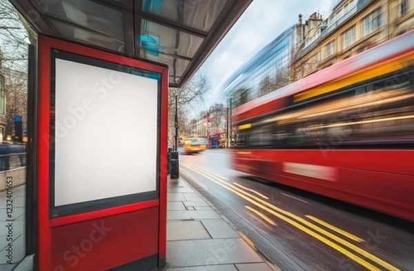 Fototapeta Blank billboard at a bus stop with a blurred red bus passing by.