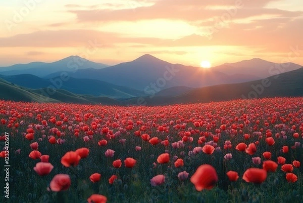 Fototapeta A field of poppies swaying in the wind, with mountains silhouetted against the dawn sky, creating a serene and inspiring landscape