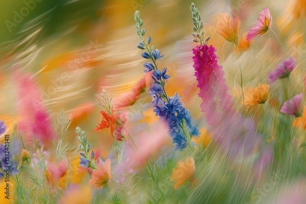 Fototapeta A field of wildflowers swaying in the wind, with soft, flowing strokes capturing the movement and the vibrant colors of nature