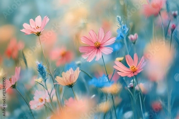 Fototapeta A field of wildflowers swaying in the wind, with soft, flowing strokes capturing the movement and the vibrant colors of nature