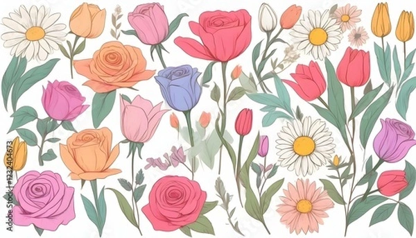 Fototapeta Flat Design Floral Clip Art: Roses, Daisies, and Tulips for Creative Projects