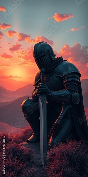 Obraz Knight in armor kneeling with sword at sunset.

