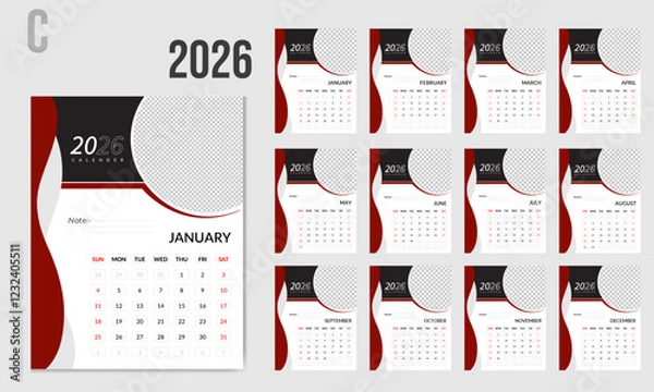 Obraz Modern and minimalist corporate business wall calendar  design for 2026 year.  12 month included and monthly planner week start on sun day. vector of annual calendar 2026 template.     