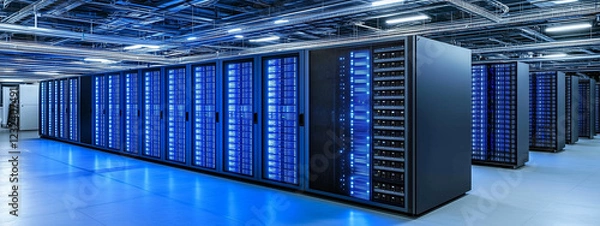 Fototapeta Ultra-modern data center with AI server racks, engineers monitoring holographic dashboards displaying neural network performance, and blue-lit cooling system vents.