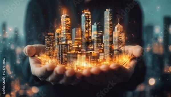 Fototapeta Glowing Metropolis in Hands: A Vision of Urban Development