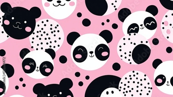 Fototapeta Cute Panda Heads Patterned on Pink Background Featuring Small Black Spots Repeatedly.