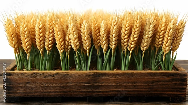 Fototapeta Golden Wheat Stalks Displayed in Rustic Wooden Box on Table