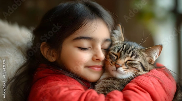 Obraz A young girl gently hugs her tabby cat, both with closed eyes, enjoying a quiet moment.