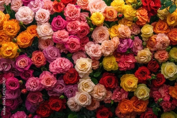 Fototapeta A garden of roses with each bloom a different vibrant color, arranged in a symmetrical pattern, showcasing the diversity and beauty of nature