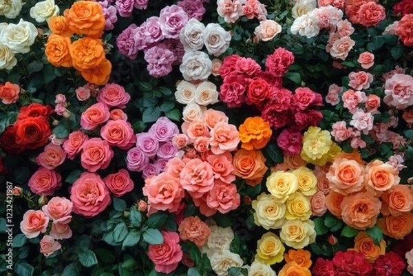 Fototapeta A garden of roses with each bloom a different vibrant color, arranged in a symmetrical pattern, showcasing the diversity and beauty of nature