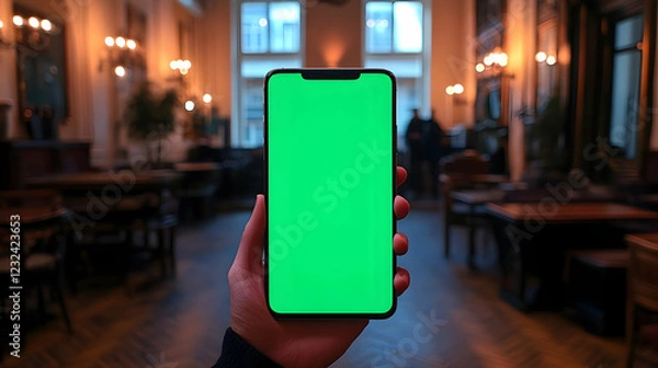 Fototapeta Hand Holds Smartphone with Green Screen in Blurred Restaurant Background Easily Editable with Your Content