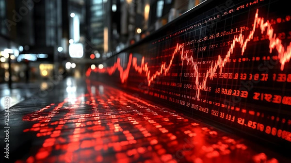 Fototapeta Red Stock Market Ticker Display Shows Falling Prices and Financial Data in a City at Night