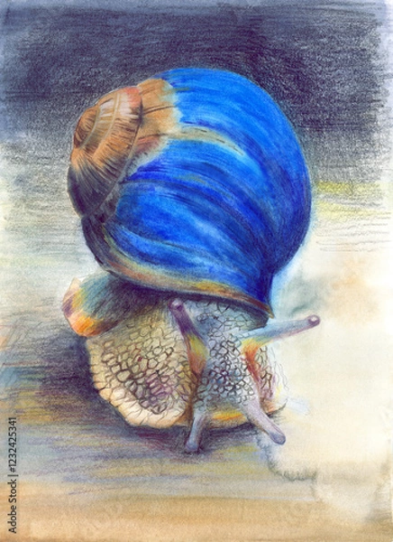 Fototapeta Watercolor and colored pencil illustration of a snail with a blue-turquoise shell and cute horns on a gray surface (This illustration was drawn by hand without the use of generative AI!)