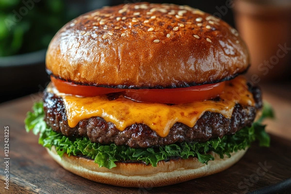 Fototapeta A mouthwatering cheeseburger with a juicy beef patty topped with melted cheddar cheese.  