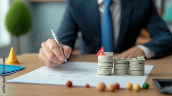 Obraz Businessman Writing Contract with Stacks of Money and Red Flag on Table, Finance Concept, Investment Risk Assessment, Close-Up on Professional Workspace