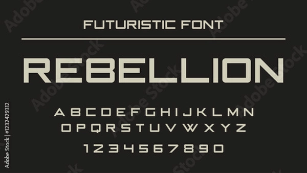 Fototapeta Rebellion futuristic modern creative font. Alphabet vector font with lowercase and number. Industrial font perfect for logos, quotes, cards, product packaging, social media, posters and other designs.