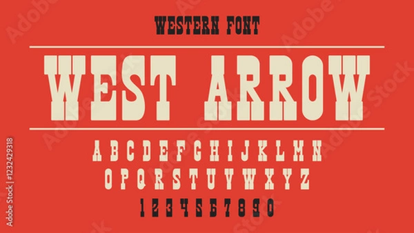 Fototapeta West Arrow Western Font creative font. Alphabet vector font with lowercase and number. Western font perfect for logos, quotes, cards, product packaging, social media, posters and other designs.