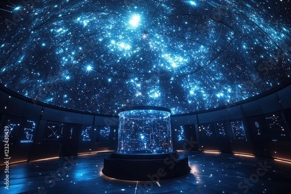Fototapeta A high-tech observatory with holographic constellations projected onto a glass dome, creating a futuristic and immersive stargazing experience