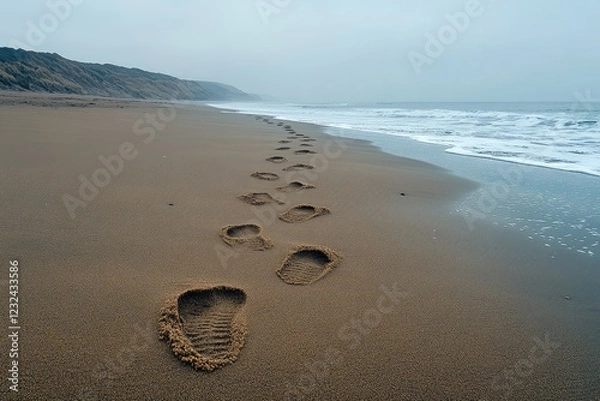 Fototapeta A line of footprints leading off into the distance on an empty, windswept beach, evoking a sense of solitary journey