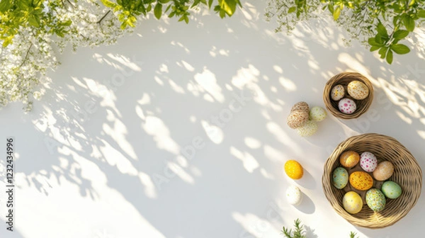 Obraz Easter eggs in baskets under dappled leaf shadows.
