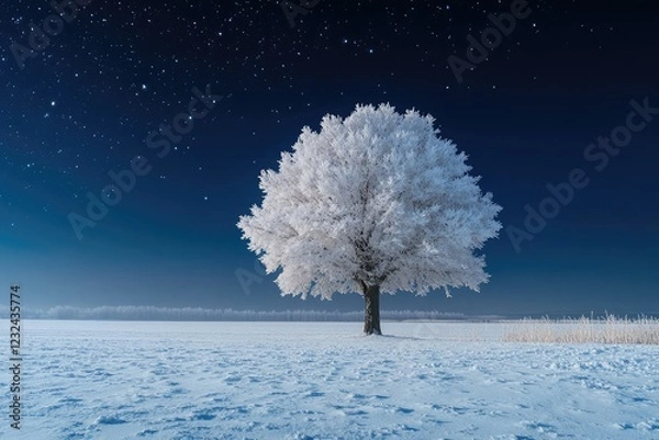 Fototapeta A lone snow-covered tree standing tall in a vast, open winter field, under a clear, starry winter night sky