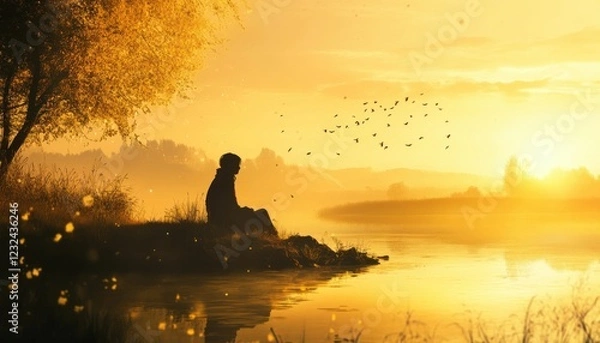Fototapeta Golden Hour Solitude: A Figure Contemplates by a Serene River