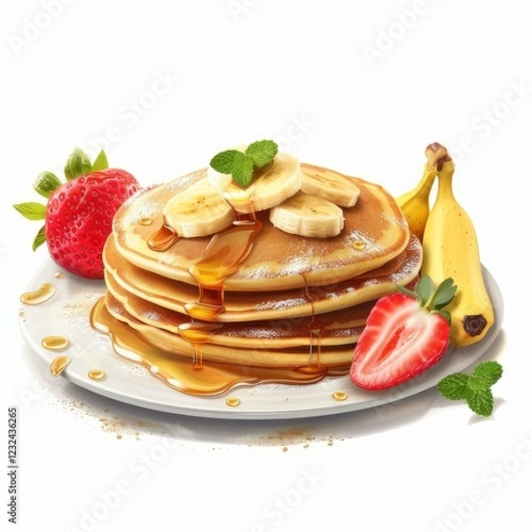 Fototapeta Delicious pancakes with syrup, banana slices, strawberries and mint on a white plate