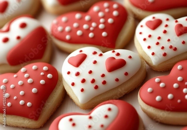 Fototapeta Close up of heart shaped cookies decorated with red and white icing, featuring small hearts and polka dots. Sweet treats perfect for Valentine's Day