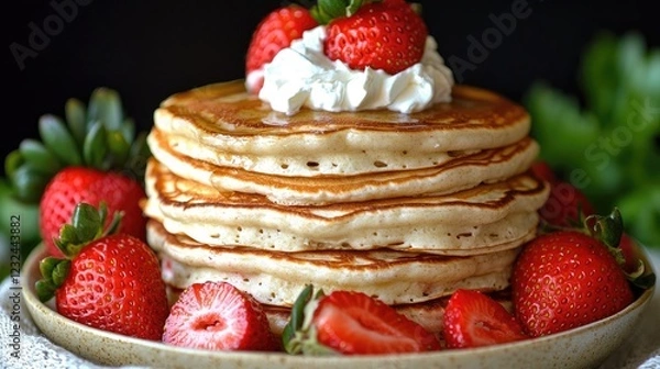 Obraz Stacked fluffy pancakes topped with whipped cream and fresh strawberries on a rustic plate