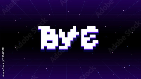 Fototapeta Clean and modern pixel typography design: bye. Video game text background for goodbye screen in retro style in 16x9 proportion.