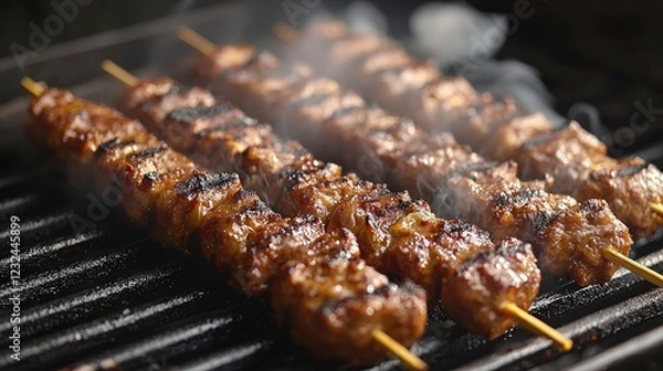 Obraz Grilled meat skewers sizzling on a barbecue, surrounded by smoke and a vibrant outdoor setting