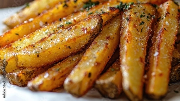 Obraz Crispy golden fries garnished with herbs, served on a plate in a vibrant kitchen setting