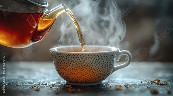 Obraz Steaming tea being poured from a kettle into a dotted cup, with warm ambiance and blurred background