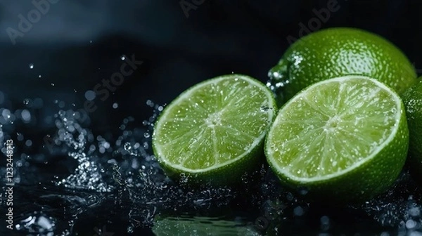 Fototapeta Whole and sliced limes with green leaves, wet surface, copy space. Macro photography. Refreshing effect