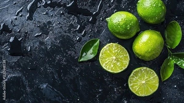 Fototapeta Whole and sliced limes with green leaves, wet surface with space for text. Macro photography.