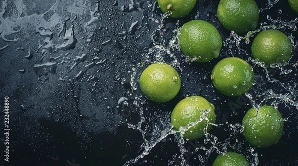 Fototapeta Fresh limes with water droplets on a black background. The left-side space is perfect for adding text or a logo, close-up